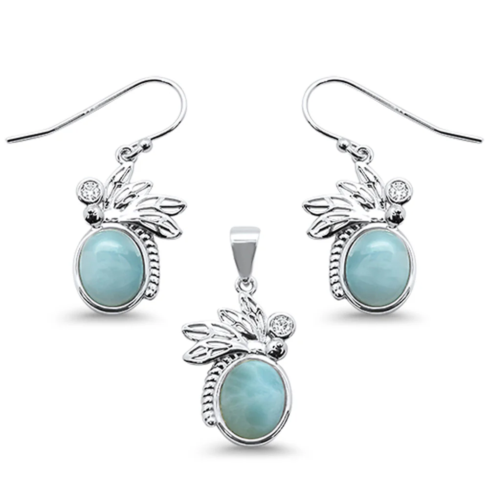Natural Larimar & Cubic Zirconia .925 Sterling Silver Pendant & Earrings Set