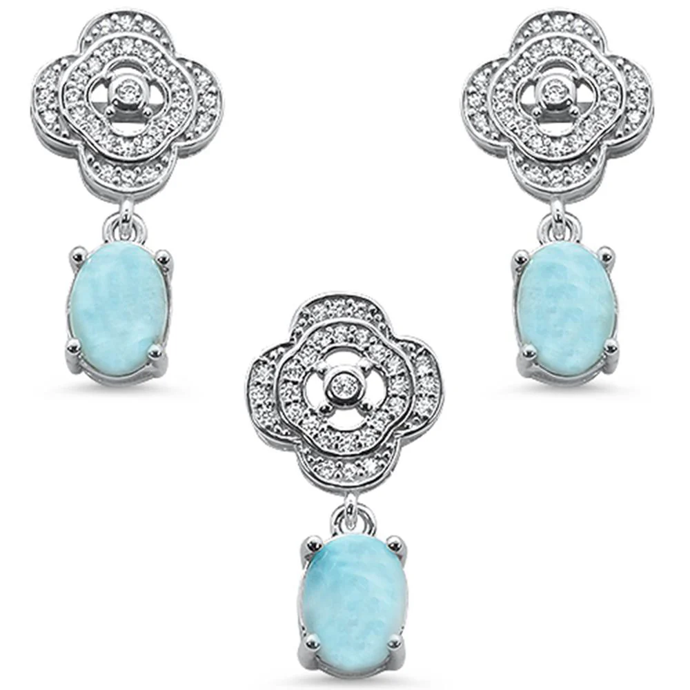 New Natural Larimar & CZ .925 Sterling Silver Pendant & Earring Set