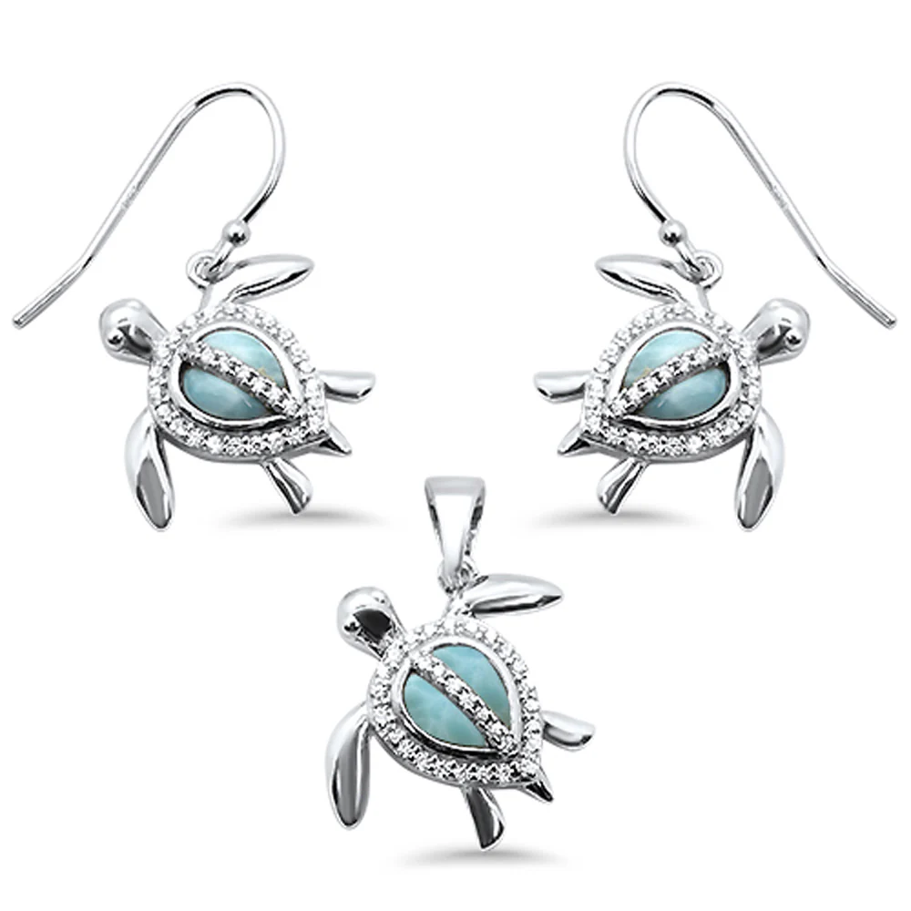 Natural Larimar & Cubic Zirconia Turtle .925 Sterling Silver Pendant & Earrings Set