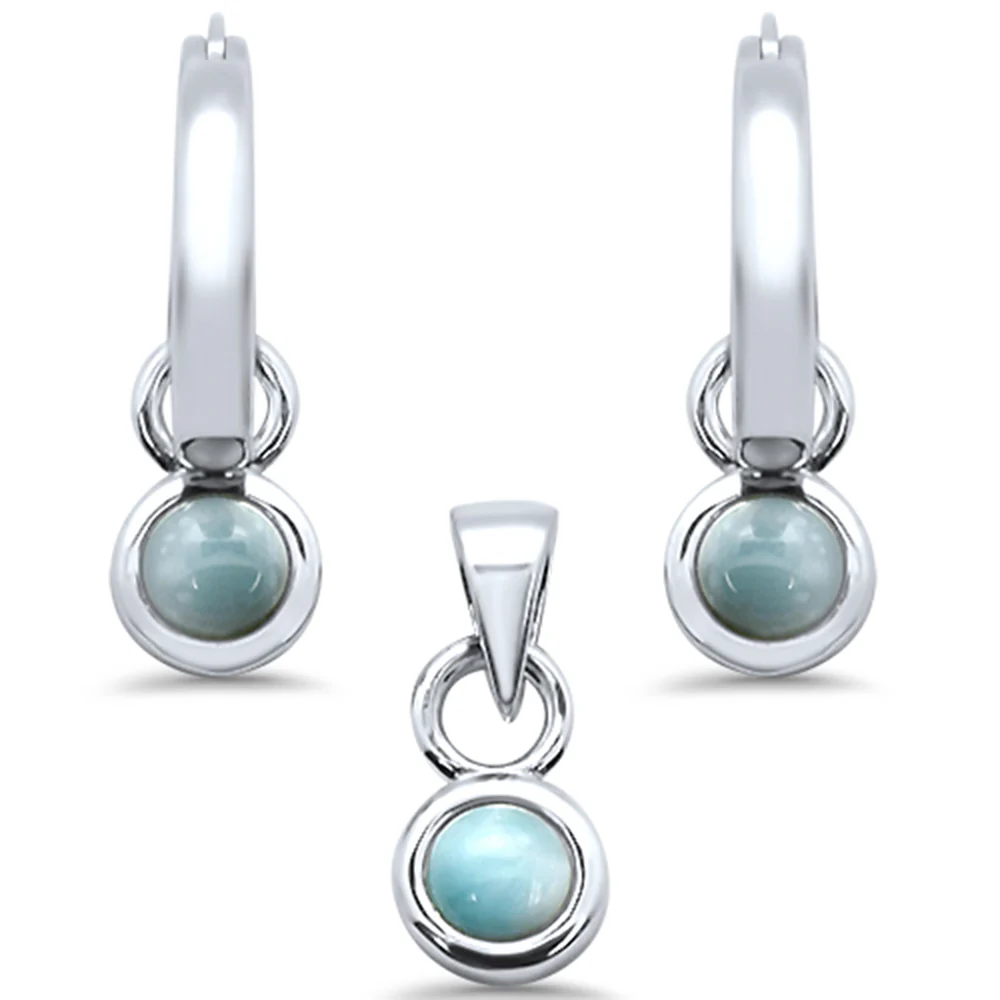 Natural Larimar Dangling .925 Sterling Silver Pendant & Earring Set
