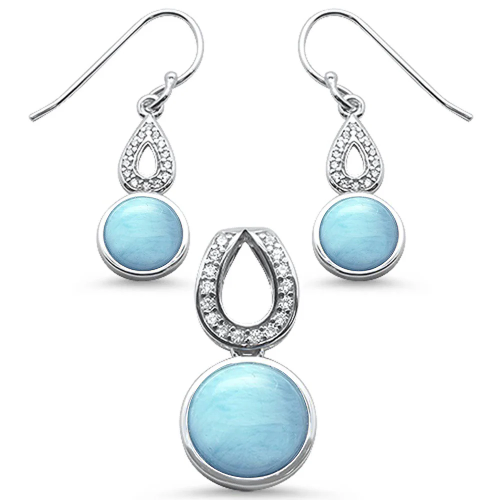Natural Larimar & Cubic Zirconia Dangling  .925 Sterling Silver Pendant & Earring Set