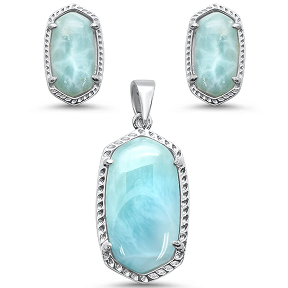 New Natural Larimar .925 Sterling Silver Pendant & Earring Set