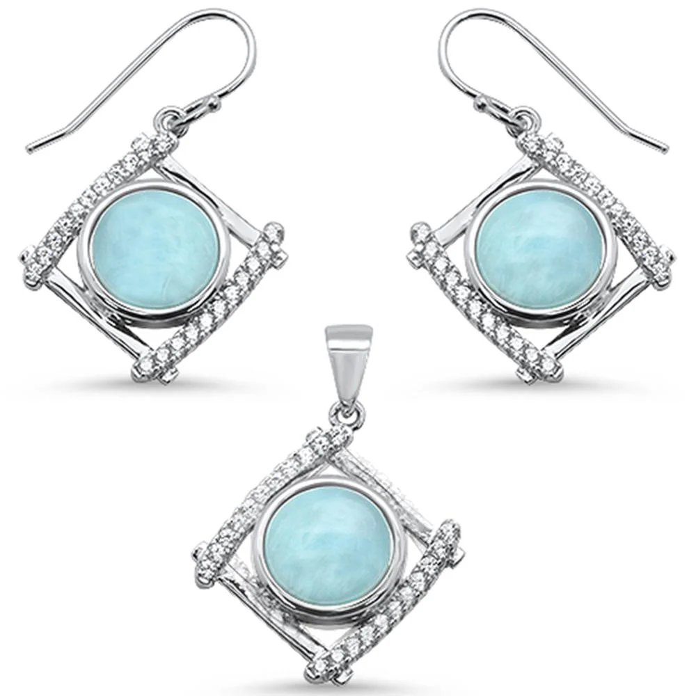 Natural Larimar & Cubic Zirconia .925 Sterling Silver Pendant & Earring Set