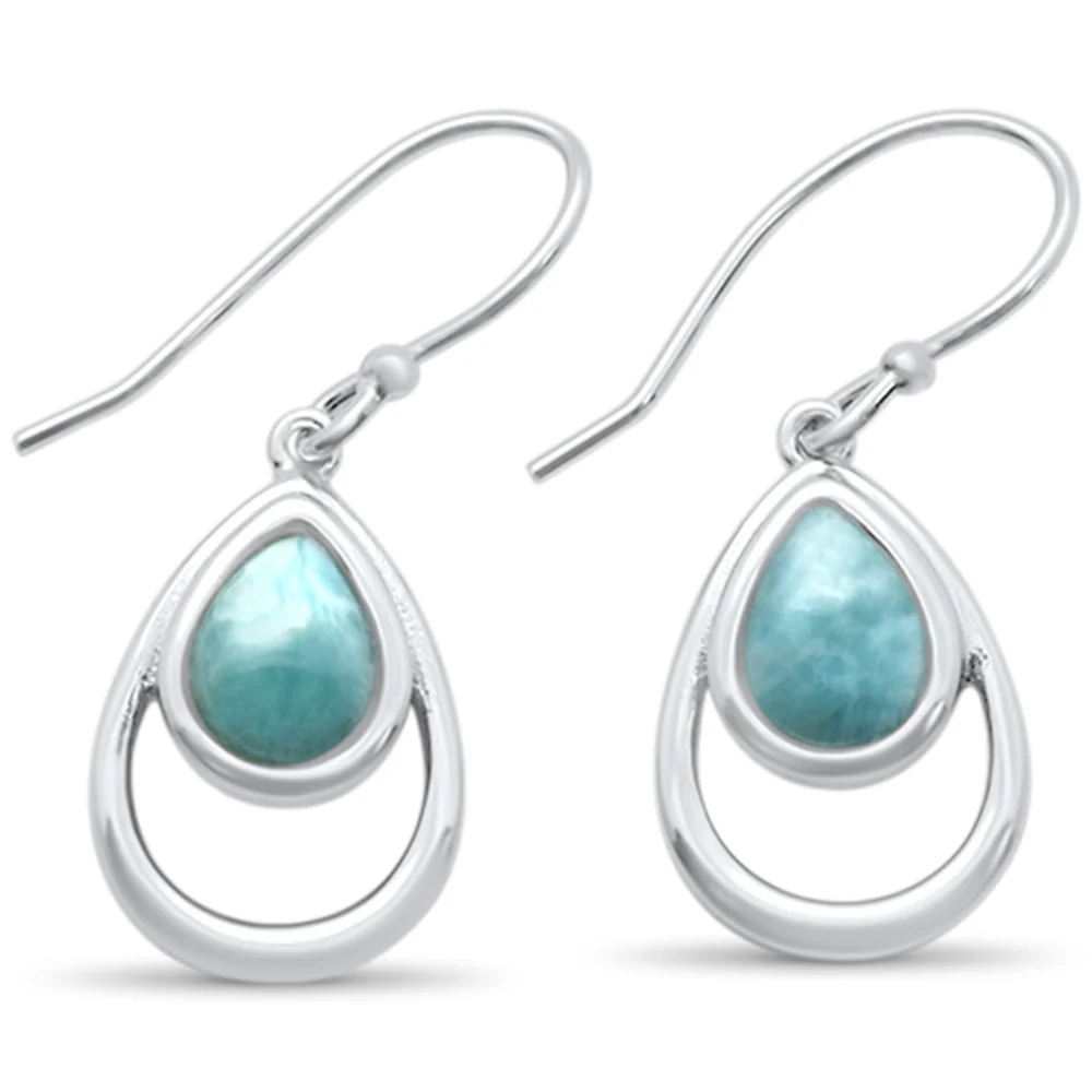 Natural Larimar Pear Shape .925 Sterling Silver Drop Dangle Earrings