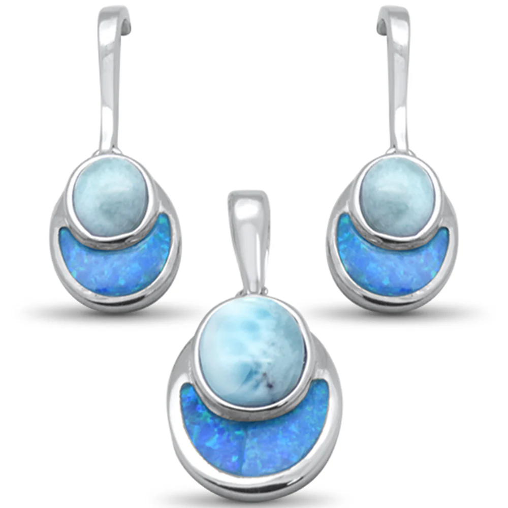 <span>CLOSEOUT! </span>Natural Larimar & Blue Opal .925 Sterling Silver Earring & Pendant Set