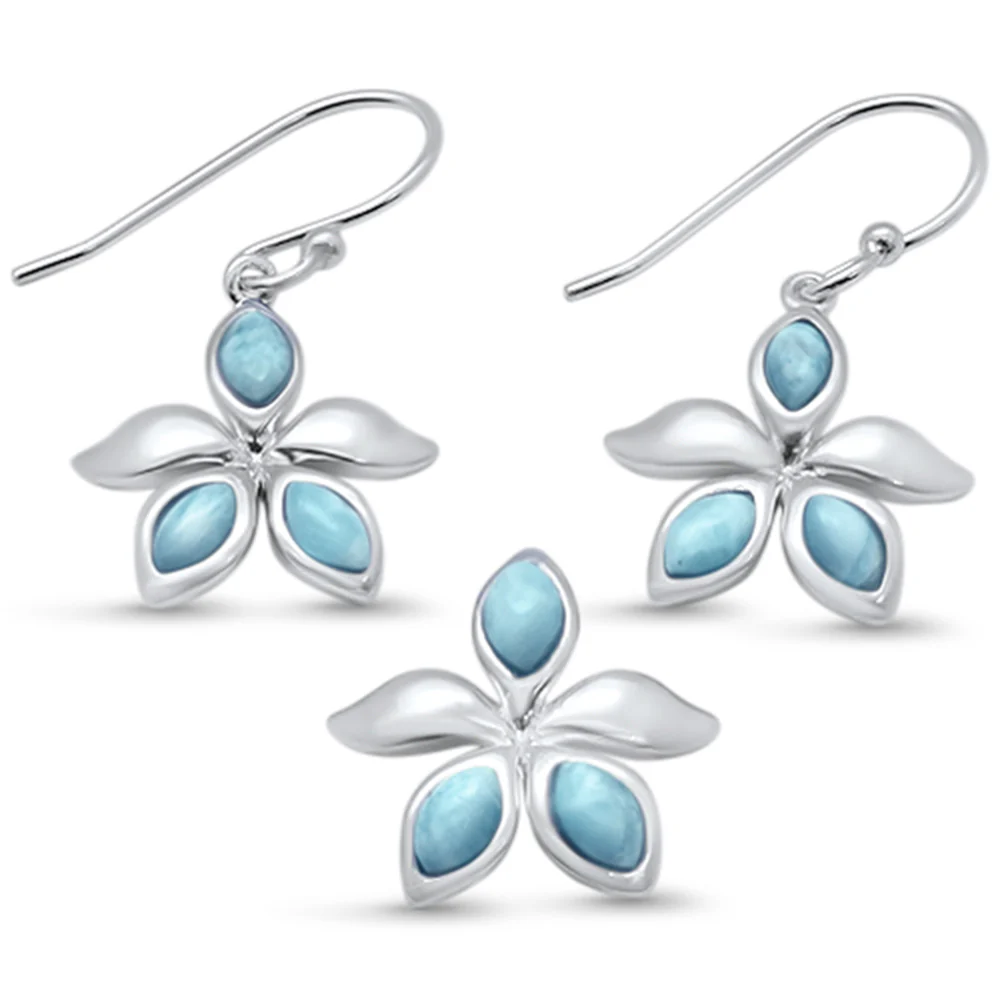Natural Larimar Flower .925 Sterling Silver Pendant & Earring Set