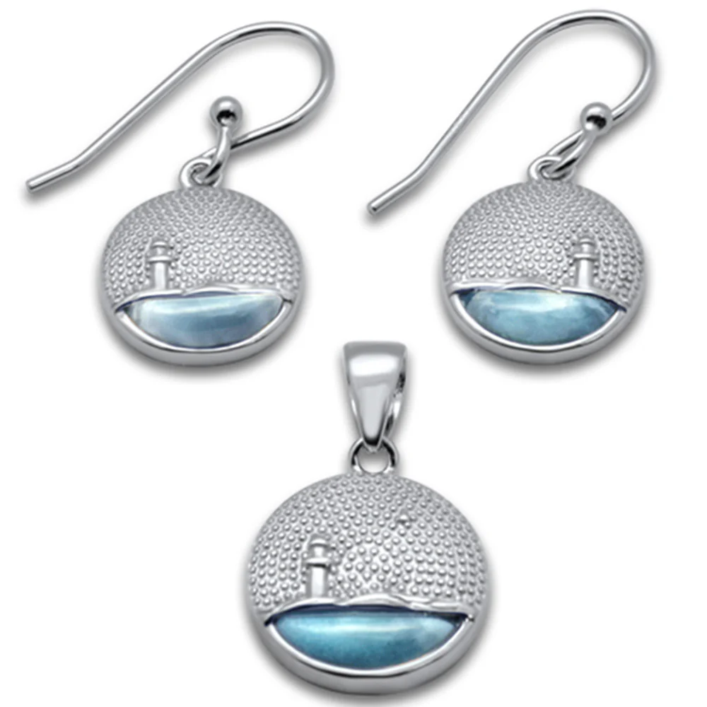 Natural Larimar Lighthouse Scenery .925 Sterling Silver Pendant & Earring Set