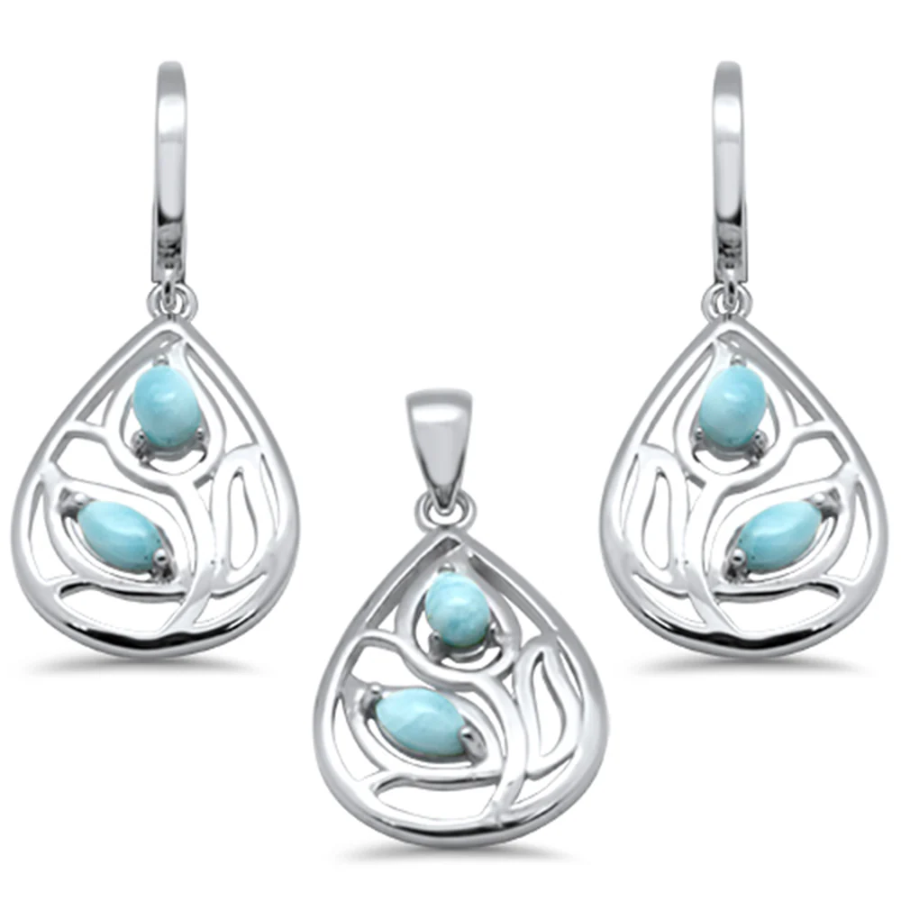 Pear Shape Natural Larimar Leaf Design .925 Sterling Silver Pendant & Earrings Set