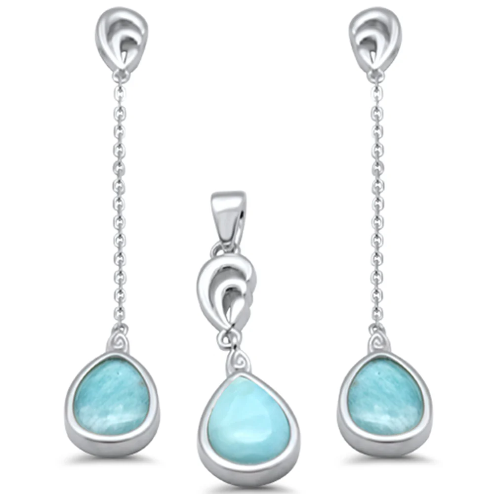 Pear Shape Natural Larimar Dangling Drop .925 Sterling Silver Pendant & Earrings Set