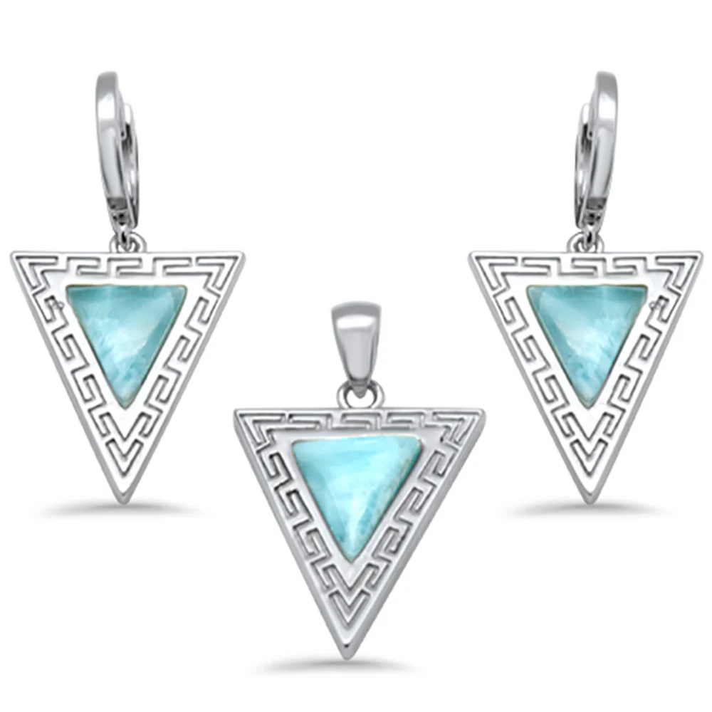 Triangle Shape Natural Larimar Greek Design .925 Sterling Silver Pendant & Earrings Set