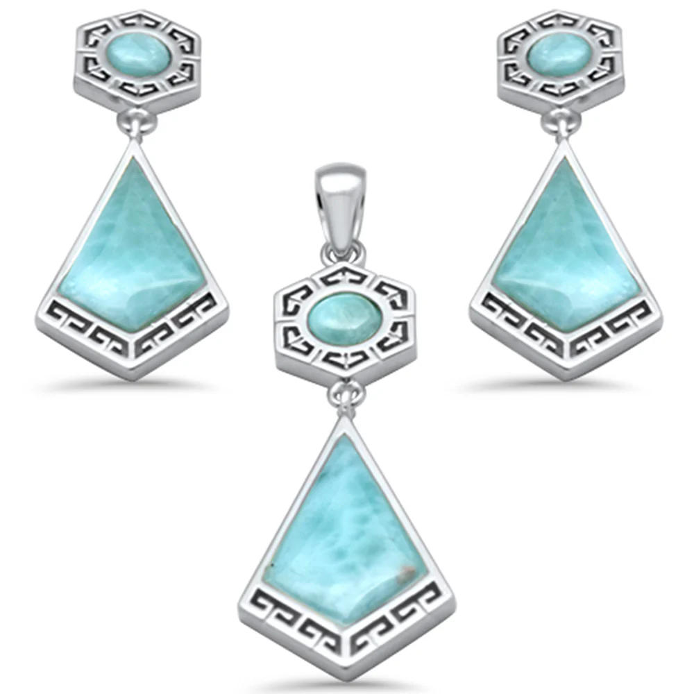 Natural Larimar Greek Design .925 Sterling Silver Pendant & Earrings Set