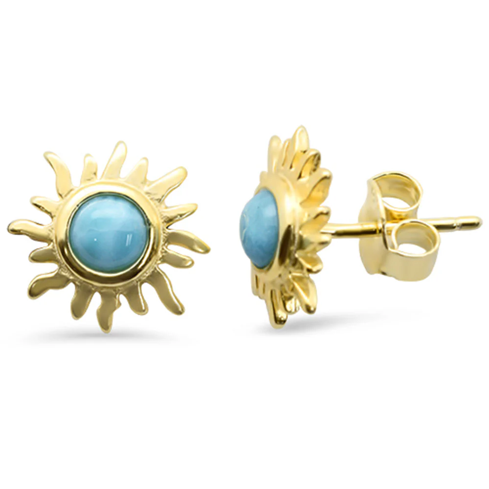 <span>CLOSEOUT!</span>Yellow Gold Plated Natural Larimar Sun .925 Sterling Silver Earrings - Image 2