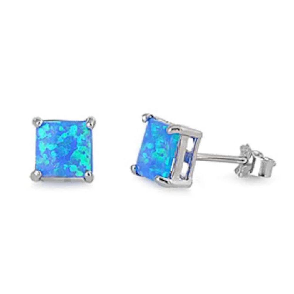 Princess Cut Blue Opal Stud .925 Sterling Silver Earrings