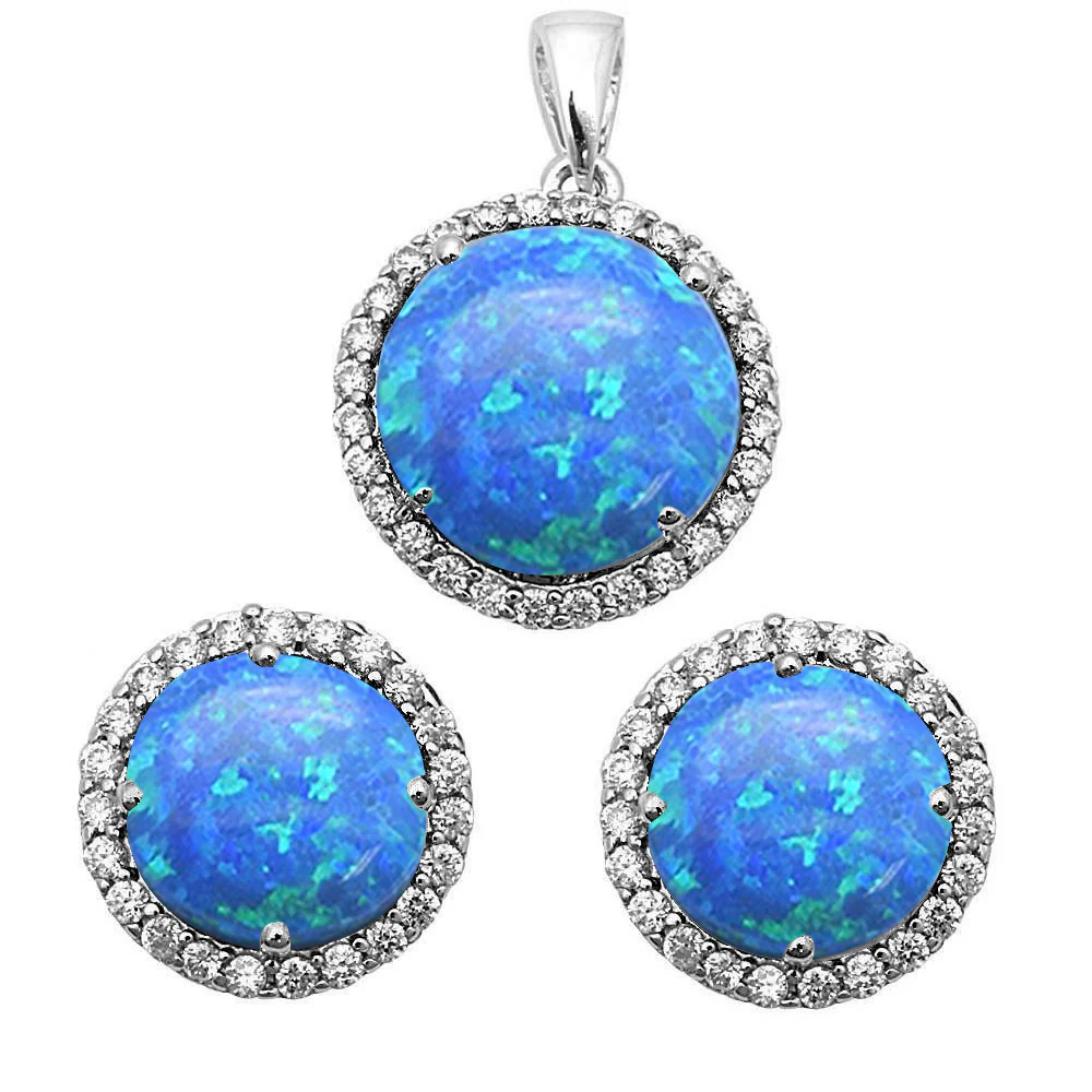 <span>CLOSEOUT! </span>Blue Opal & Cubic Zirconia .925 Sterling Silver Pendant & Earring Set
