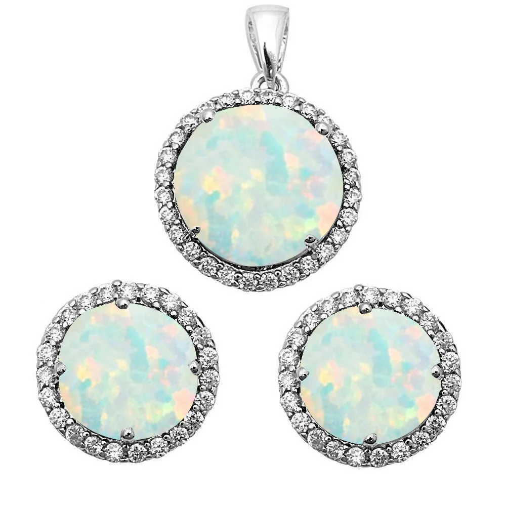 <span>CLOSEOUT! </span>White Opal & Cubic Zirconia .925 Sterling Silver Pendant & Earring Set
