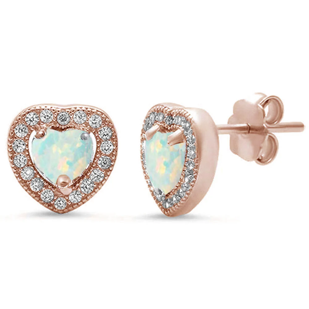 <span>CLOSEOUT! </span> Rose Gold Plated White Opal & Pave Cz Heart .925 Sterling Silver Earrings