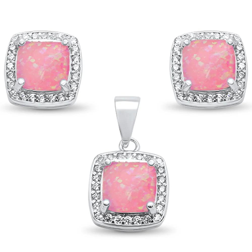 Cushion Cut Pink Opal & Cz Earring & Pendant .925 Sterling Silver Set