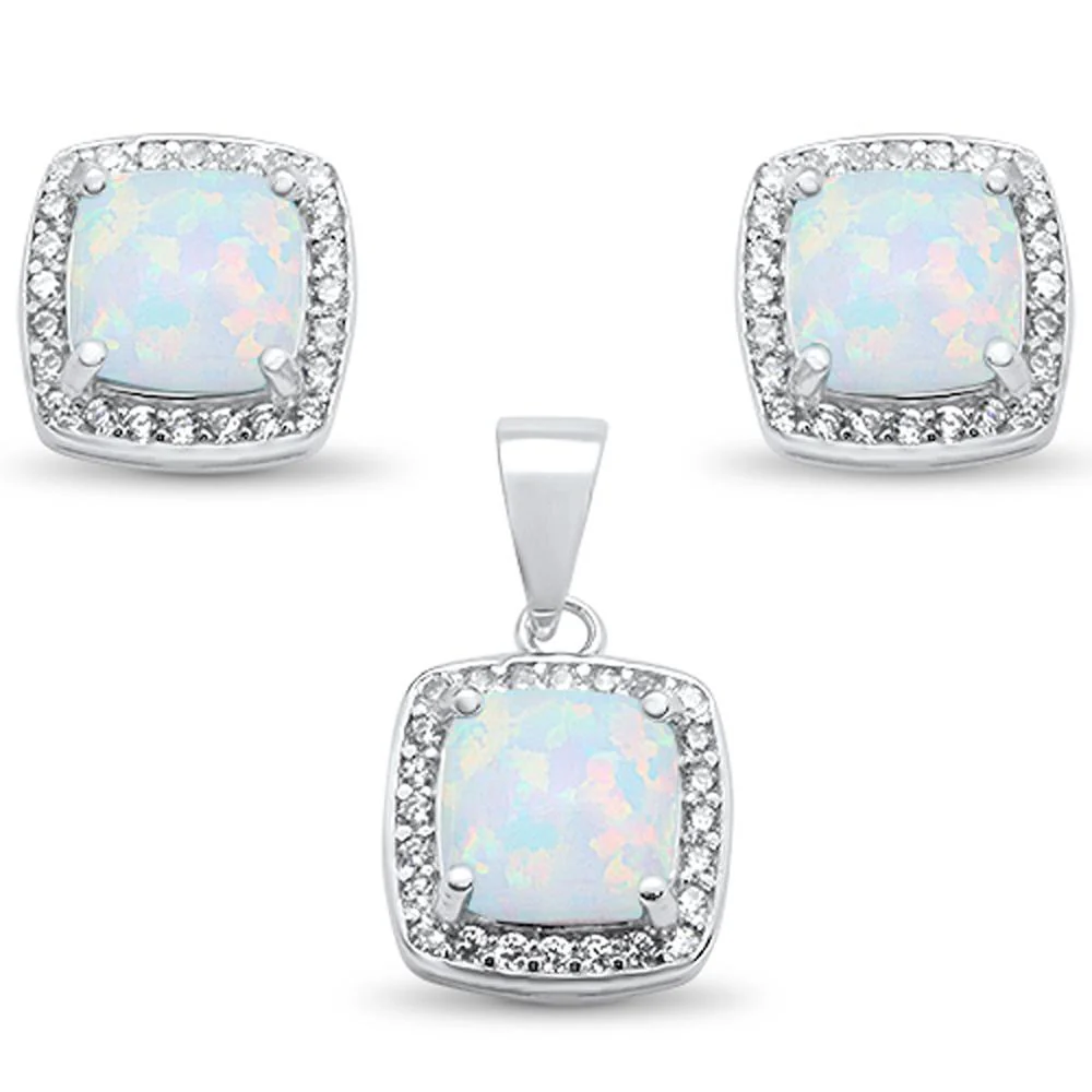 Cushion Cut White Opal & Cz Earring & Pendant .925 Sterling Silver Set