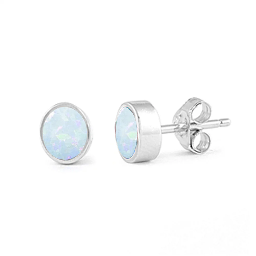 7mm Bezel White Opal Stud Earrings .925 Sterling Silver