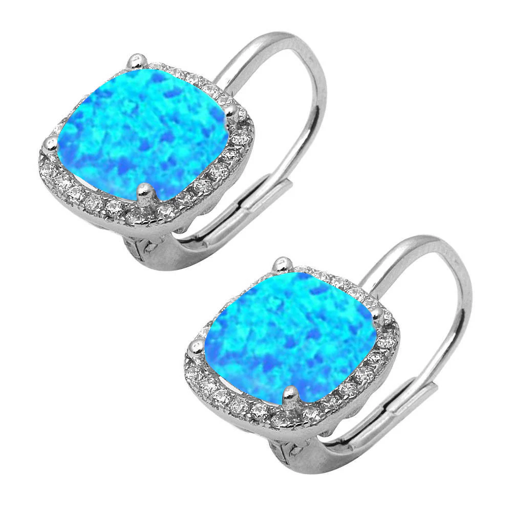<span>CLOSEOUT! </span>Cushion Cut Blue Opal & Cubic Zirconia .925 Sterling Silver Earrings