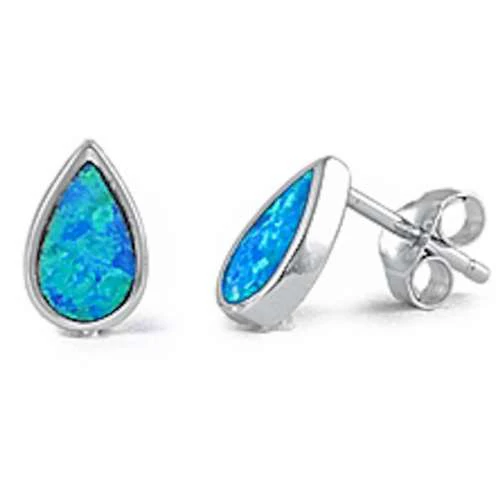 Blue Opal Drop Stud Earrings .925 Sterling Silver
