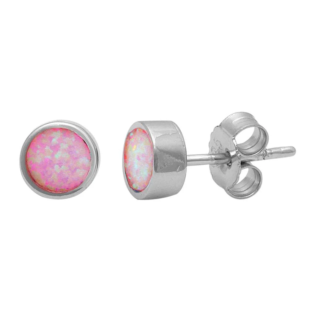 <span>CLOSEOUT! </span>Bezel Pink Opal Studs .925 Sterling Silver Earrings