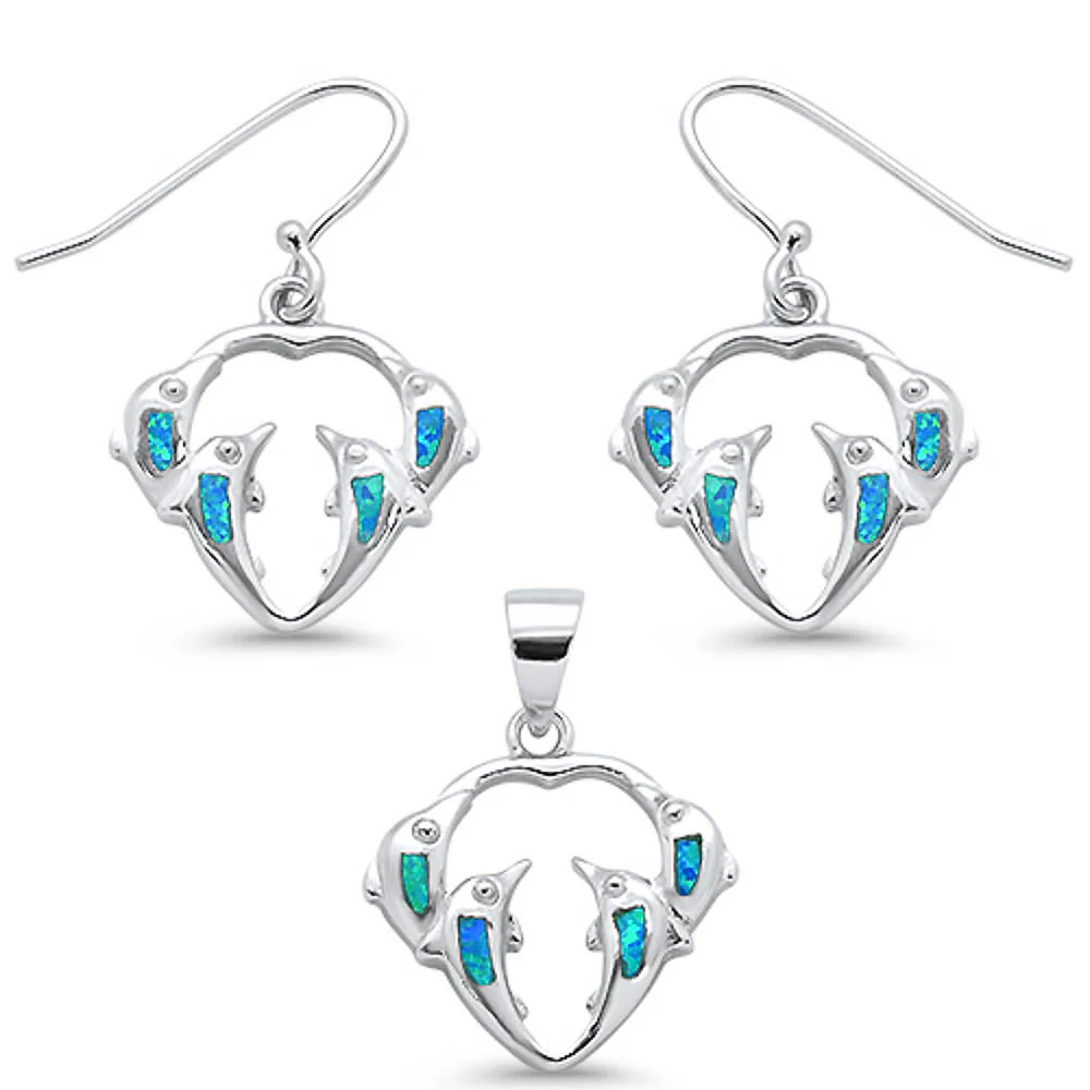 <span>CLOSEOUT! </span>Blue Opal Dolphin Dangling Earring & Pendant .925 Sterling Silver Set