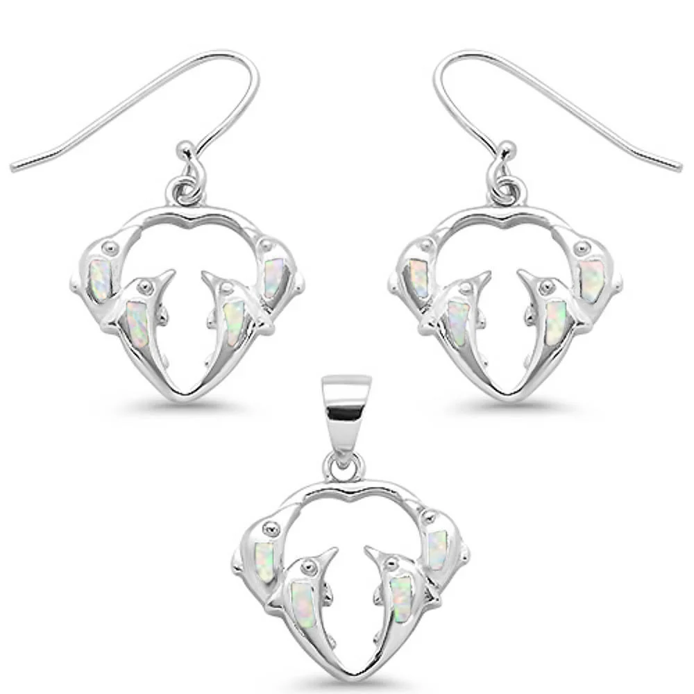 <span>CLOSEOUT! </span>White Opal Dolphines Dangling Earring & Pendant .925 Sterling Silver Set