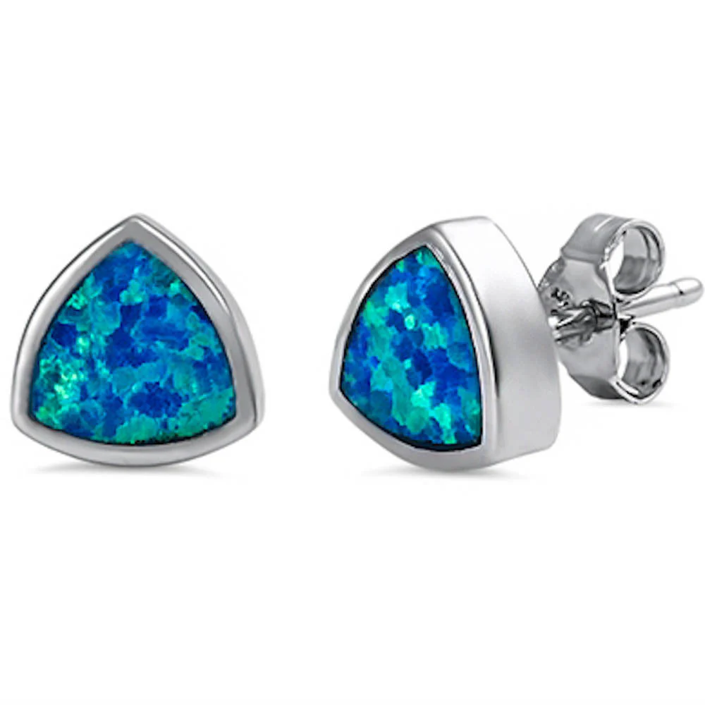 Trillion Shape Blue Opal Studs .925 Sterling Silver Earrings