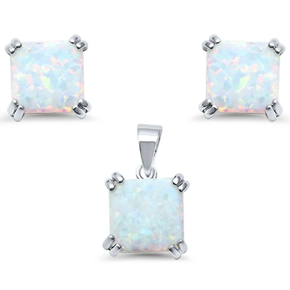White Opal Cushion Cut .925 Sterling Silver Earring and Pendant Set