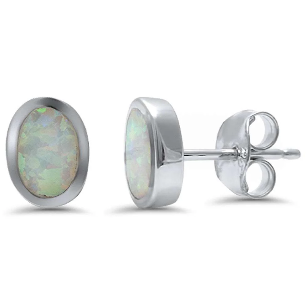 <span>CLOSEOUT! </span>Oval Shape Bezel White Opal .925 Sterling Silver Earring