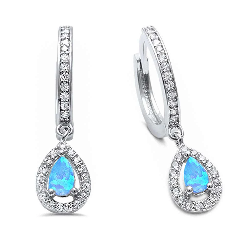 Blue Opal & Cubic Zirconia Hoop Dangle .925 Sterling Silver Earrings