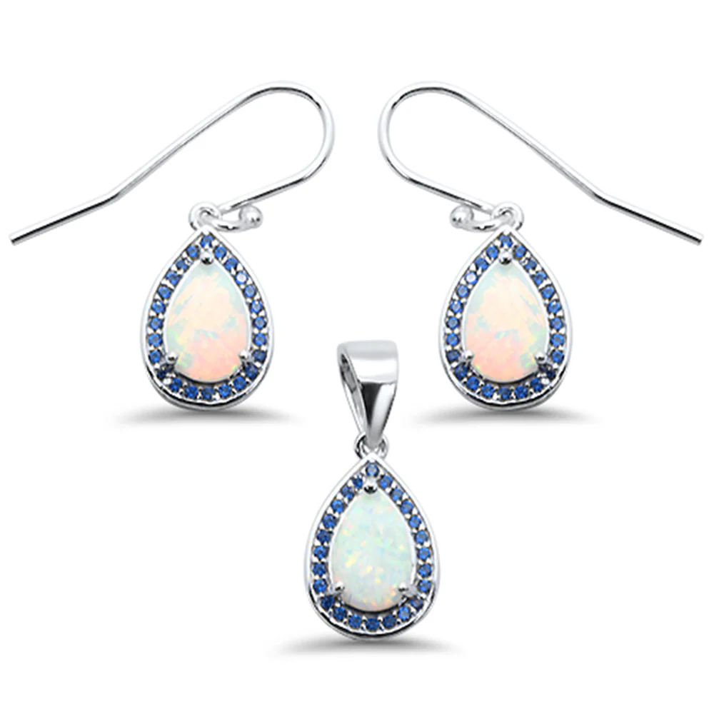 Pear Shape White Opal & Blue Sapphire Cubic Zirconia .925 Sterling Silver Earring & Pendant Set