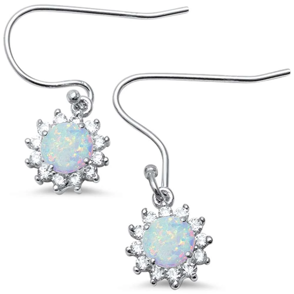 Halo Lab Created White Opal CZ Drop Dangle .925 Sterling Silver Earrings