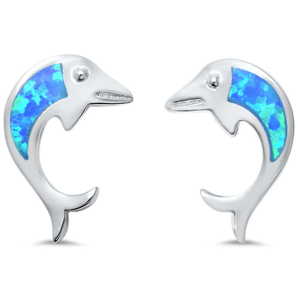 Lab Created Blue Opal Dolphin .925 Sterling Silver Earrings