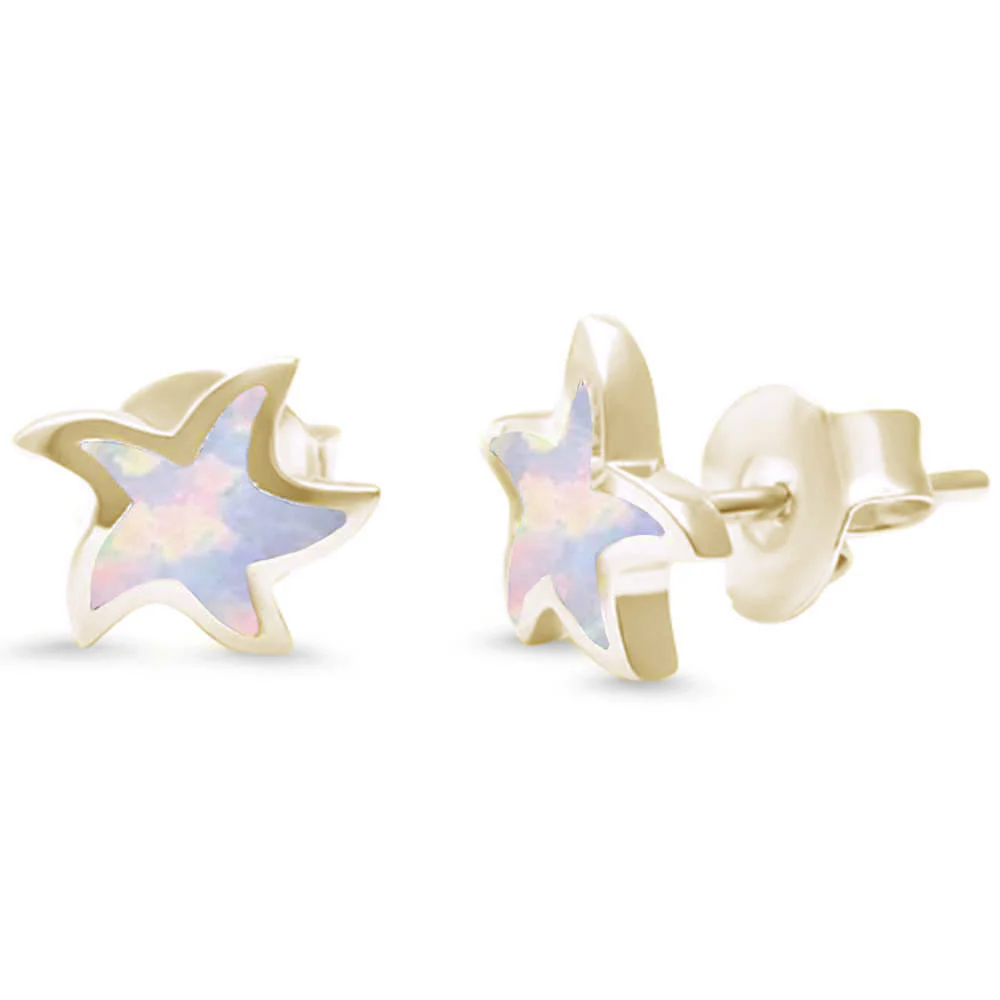 White Opal Star Yellow Gold .925 Sterling Silver Earrings