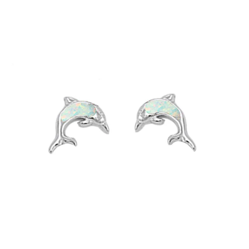 Cute White Opal Dolphine Stud .925 Sterling Silver Earrings