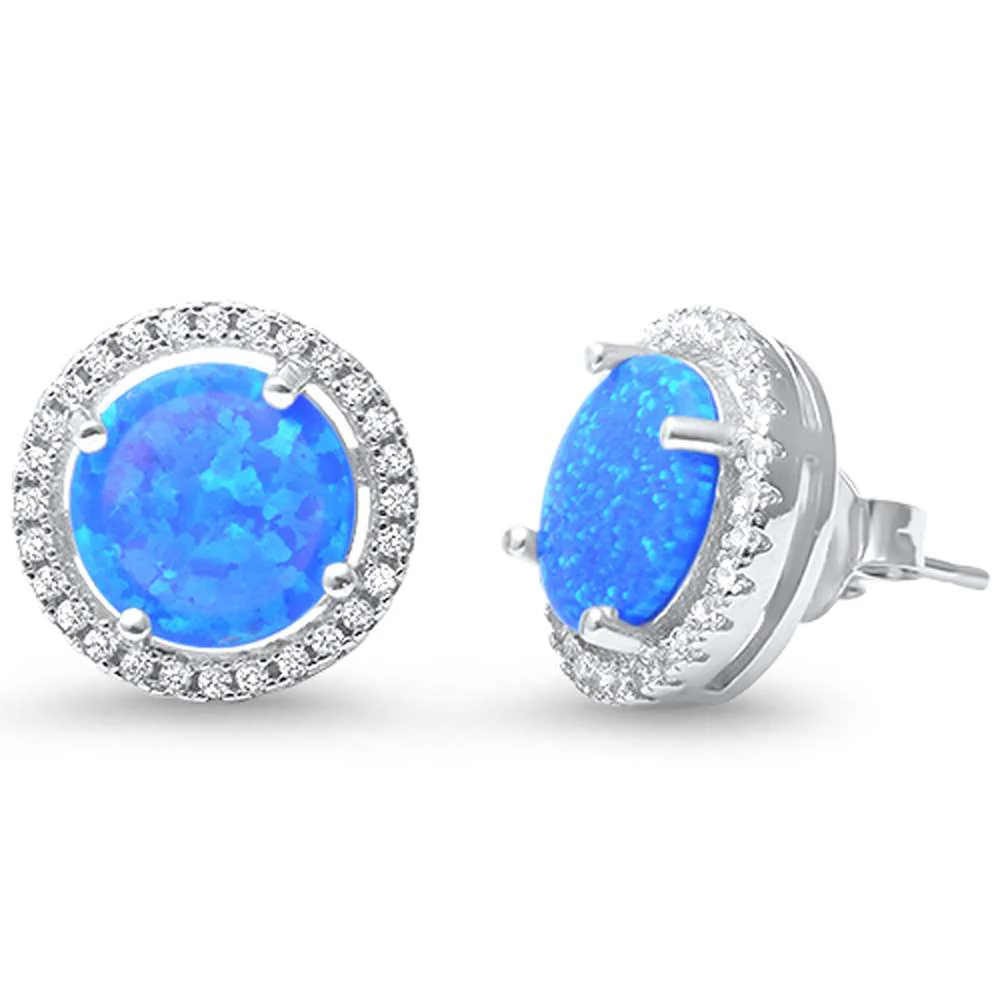 Lab Created Blue Opal Halo .925 Sterling Silver Earrings