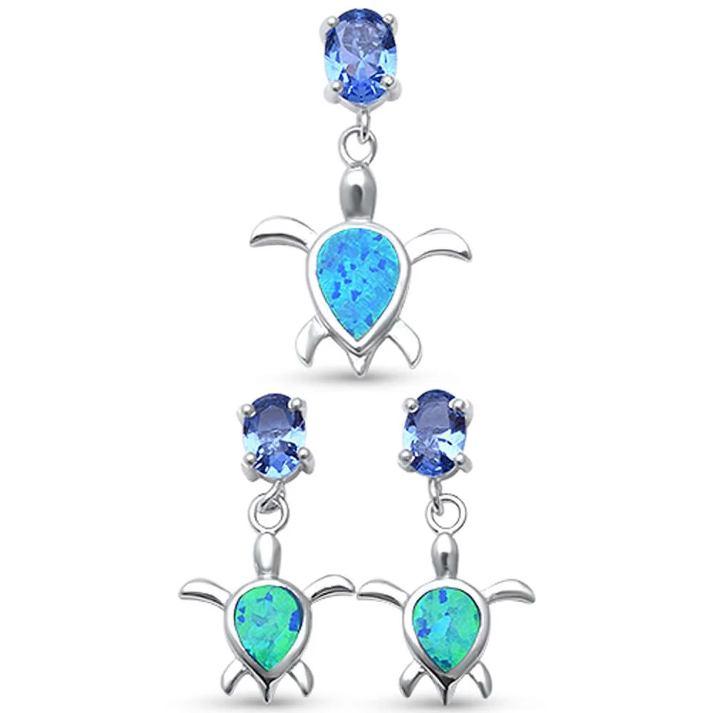 <span>CLOSEOUT! </span>Blue Opal Turtle & Tanzanite Cubic Zirconia  .925 Sterling Silver Pendant Set