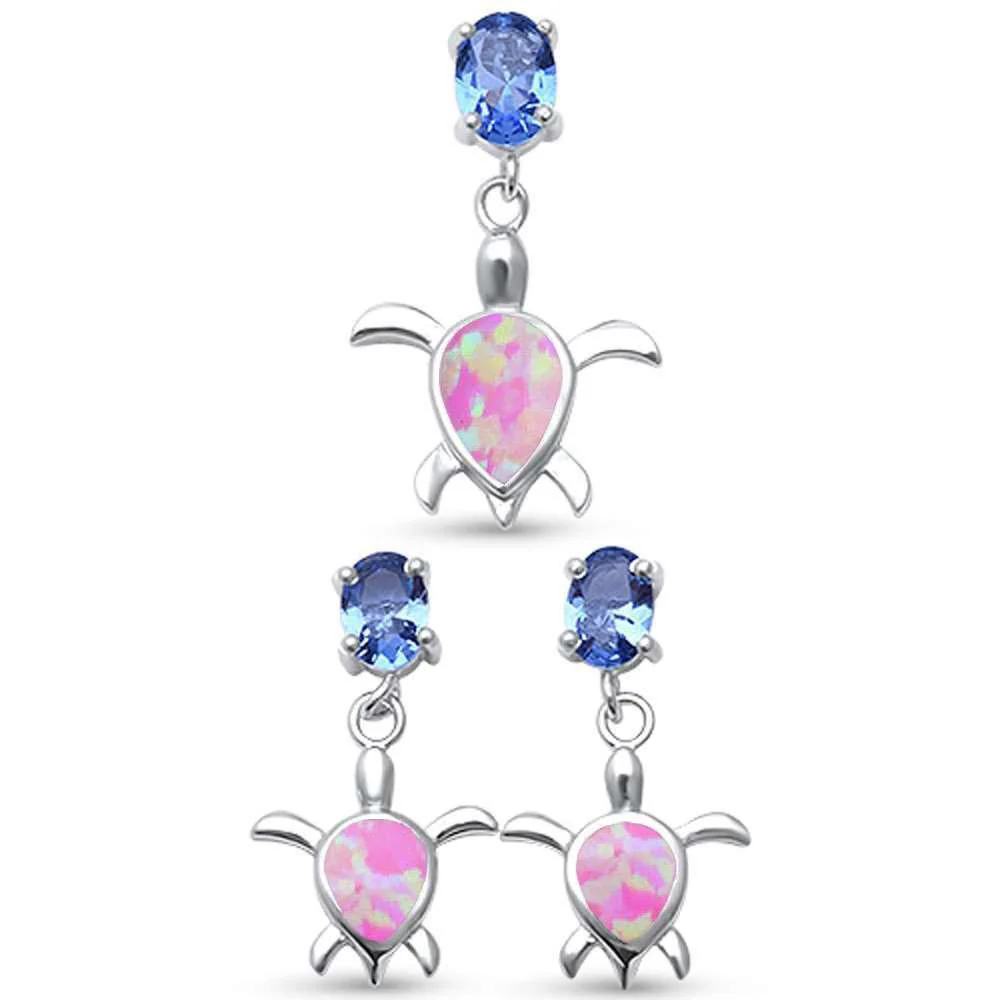 <span>CLOSEOUT! </span>Lab Created Pink Opal Turtle & Tanzanite Cubic Zirconia .925 Sterling Silver Earring & Pendant Set