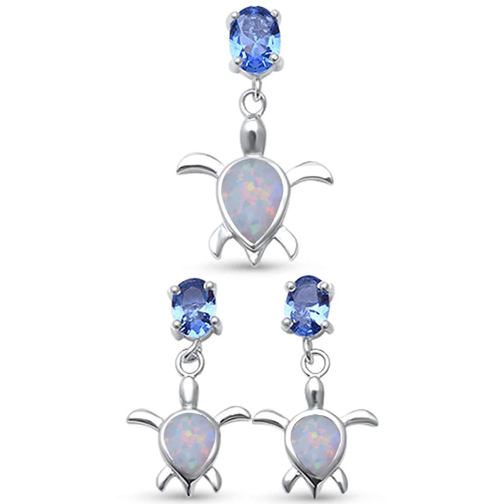 <span>CLOSEOUT! </span>White Opal Turtle & Tanzanite Cubic Zirconia .925 Sterling Silver Pendant Set