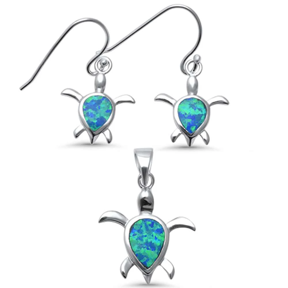 Blue Opal Turtle .925 Sterling Silver Pendant Set