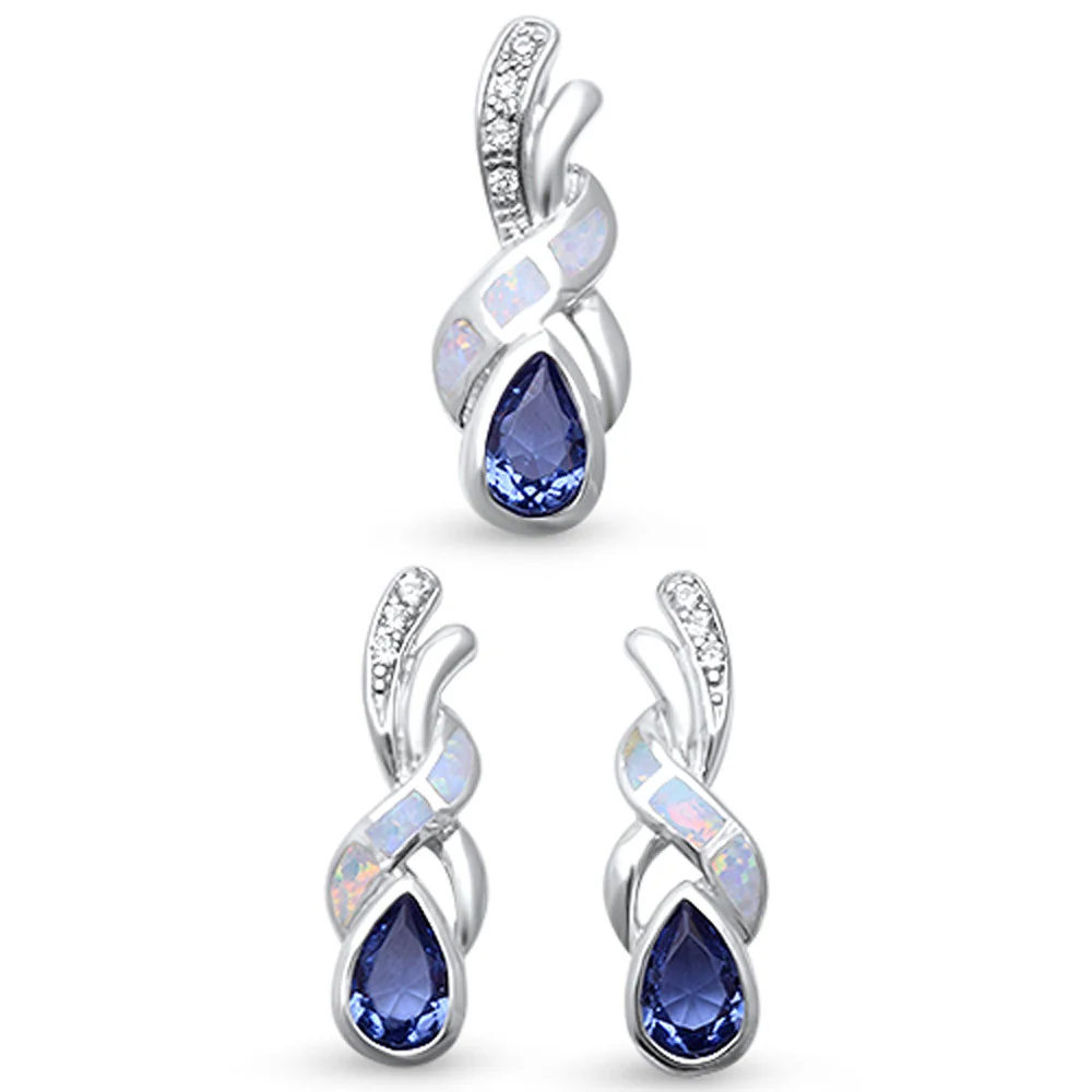<span>CLOSEOUT! </span>Twisted White Opal & Tanzanite Cubic Zirconia  .925 Sterling Silver Pendant Set