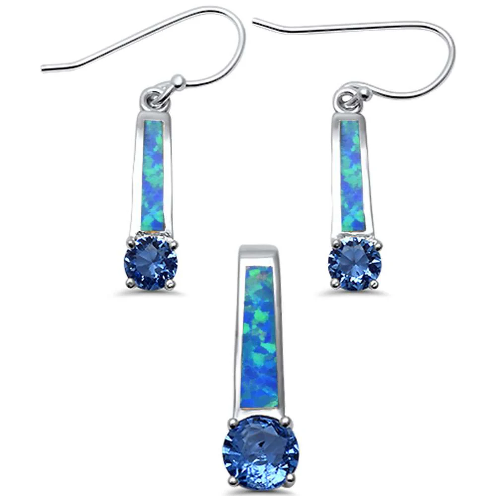 <span>CLOSEOUT! </span>Dangling Blue Opal & Tanzanite Cubic Zirconia Set .925 Sterling Silver Pendant & Earring Set