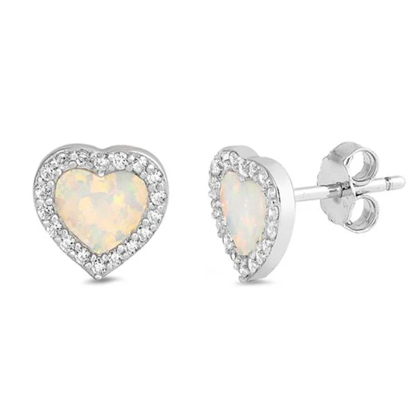 <span>CLOSEOUT! </span>White Opal & Cz Heart Stud .925 Sterling Silver Earrings