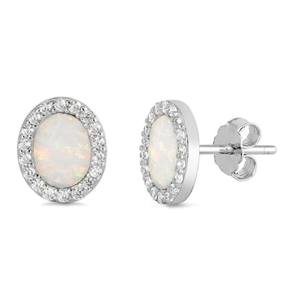 White Opal & Cz Oval Stud .925 Sterling Silver Earrings