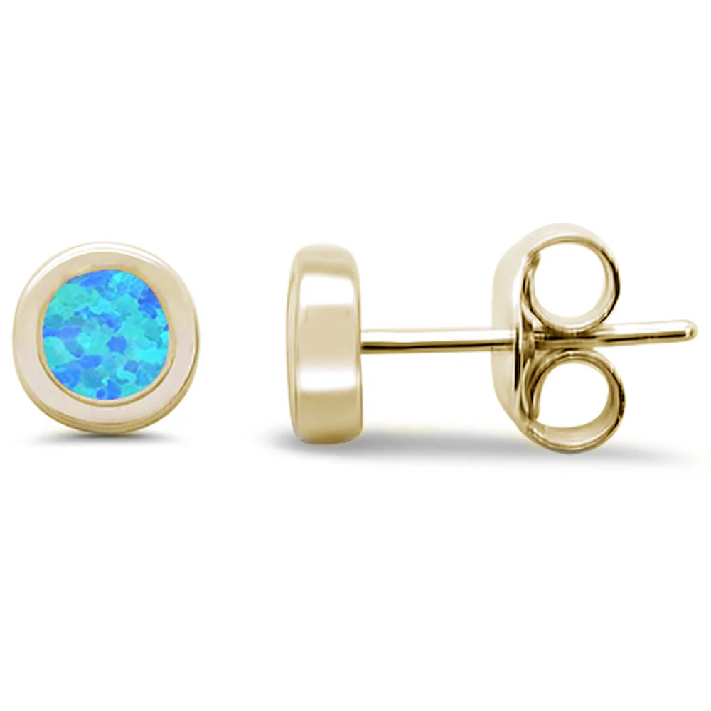 Yellow Gold Plated Round Blue Opal Stud .925 Sterling Silver Earrings