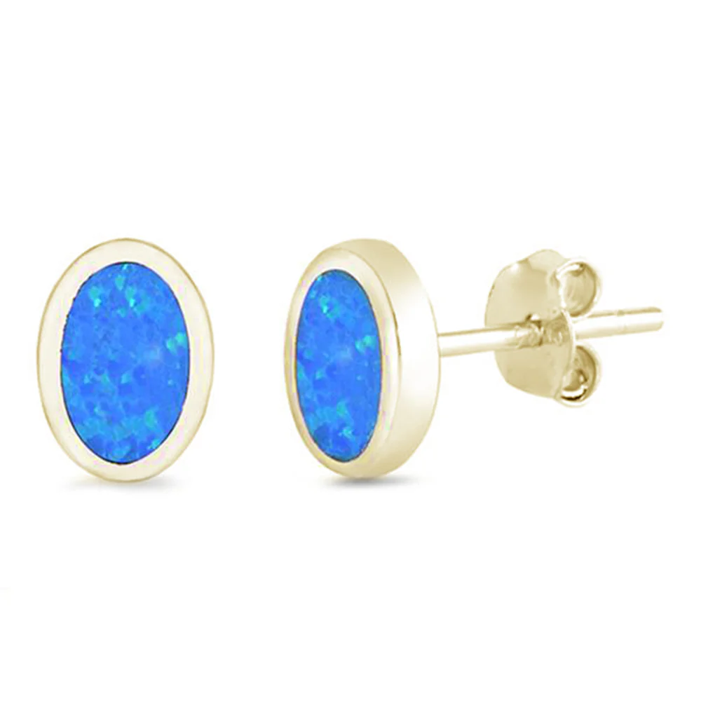 <span>CLOSEOUT! </span>Yellow Gold Plated Blue Opal Oval Shape .925 Sterling Silver Earrings