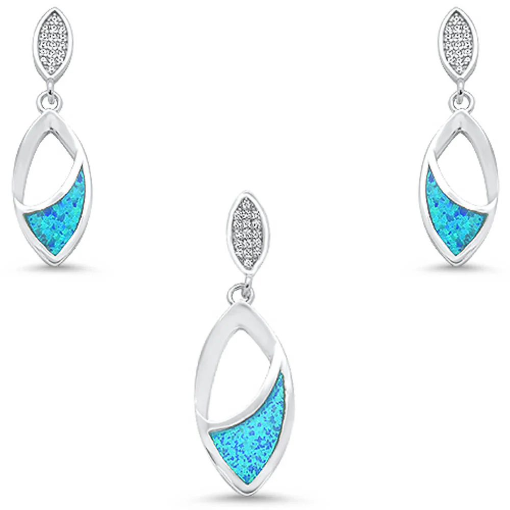 <span>CLOSEOUT! </span>Blue Opal & Cubic Zirconia Leaf Shape Dangling Earring & Pendant .925 Sterling Silver Set