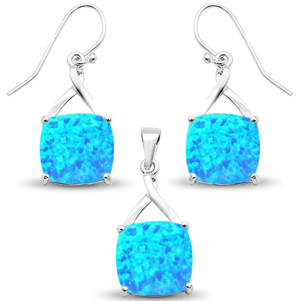 Blue Opal Cushion Dangle Earring & Pendant .925 Sterling Silver Set
